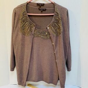 Adrienne Vittadini Taupe Cardigan snd Shell 2pc Set w/ Gold Embellishments